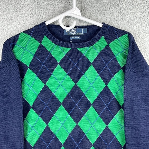 Vintage Polo Ralph Lauren Argyle Sweater Mens Large Navy Blue / Green Crew Neck - Picture 2 of 12